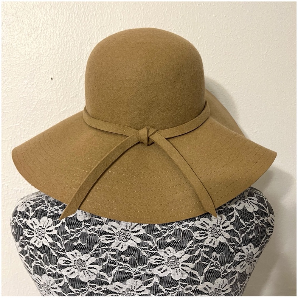 Elegant Wool  Women's Top Headwear Fashion Belted Floppy Hat Camel in Color